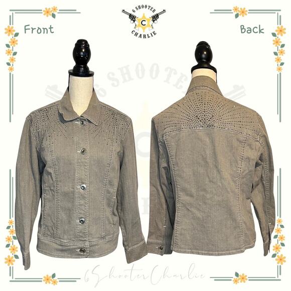 Chicos Platinum Grey Jewel Denim Jacket Studs Grey Size 2 Long Sleeve Coat Gray - Picture 1 of 6